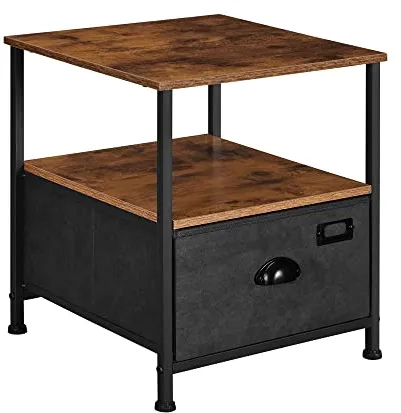 SONGMICS sängbord med 2 hyllor och 1 låda - rustik brun MDF och svart konstmocka/metall (41x41)